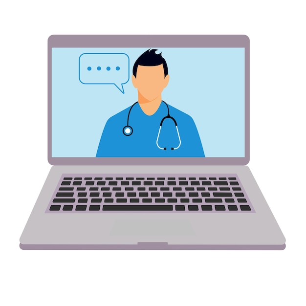 Médico masculino con estetoscopio en la pantalla del concepto de diagnóstico en línea. Servicio de salud de cuaderno plano