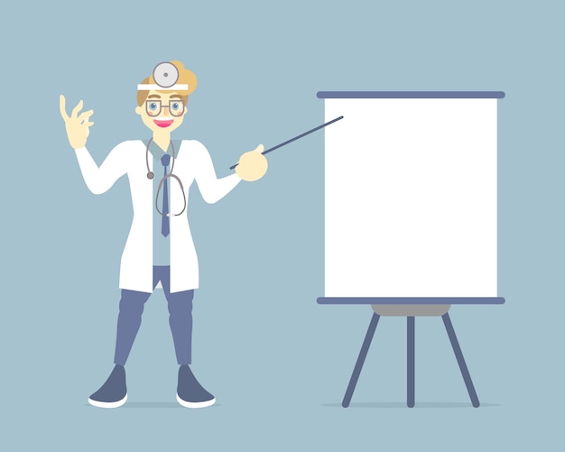 médico masculino haciendo una presentación, apuntando a un gráfico de tablero en blanco, concepto de atención médica