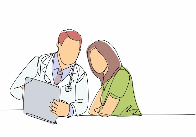 Un médico masculino que dibuja una línea continua dando consulta a una paciente leyendo el historial médico