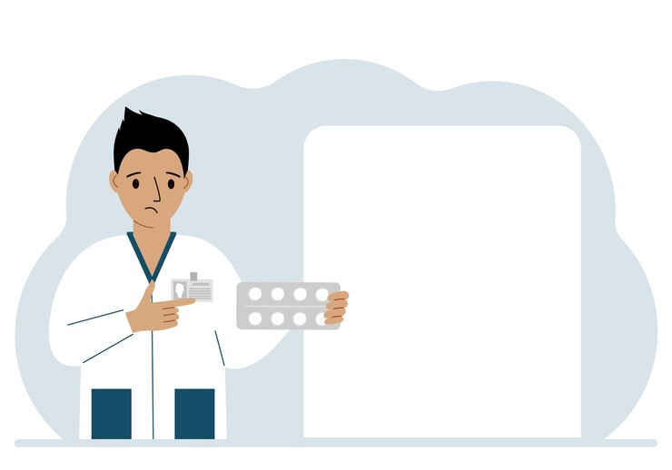 Vector un médico masculino sostiene pastillas en su mano gran hoja blanca para el texto ilustración plana vectorial