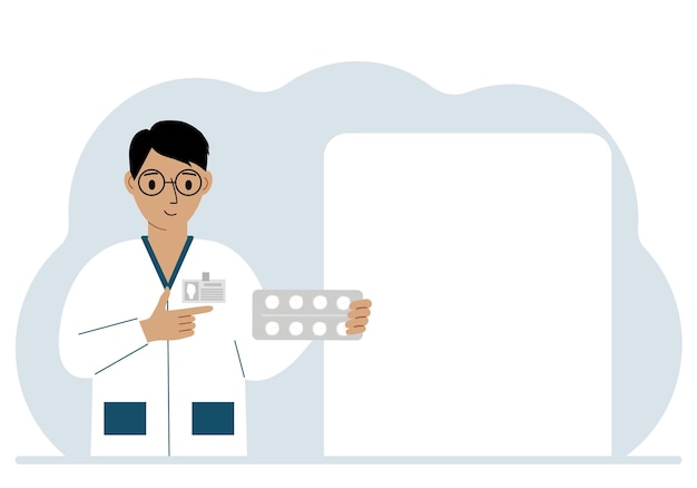 Un médico masculino sostiene pastillas en su mano Gran hoja blanca para el texto Ilustración plana vectorial