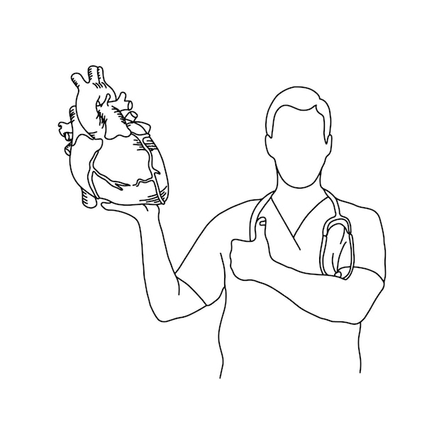 Vector médico masculino con uniforme de operación y estetoscopio en el cuello sosteniendo un vector de corazón humano