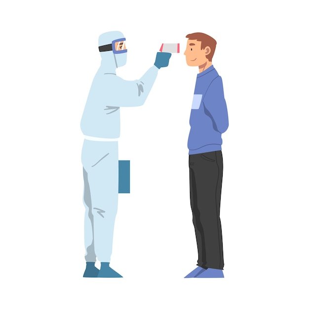 Médico midiendo la temperatura del hombre con termómetro infrarrojo Profesional médico comprobando la temperatura para controlar la infección por coronavirus Ilustración vectorial de estilo de dibujos animados