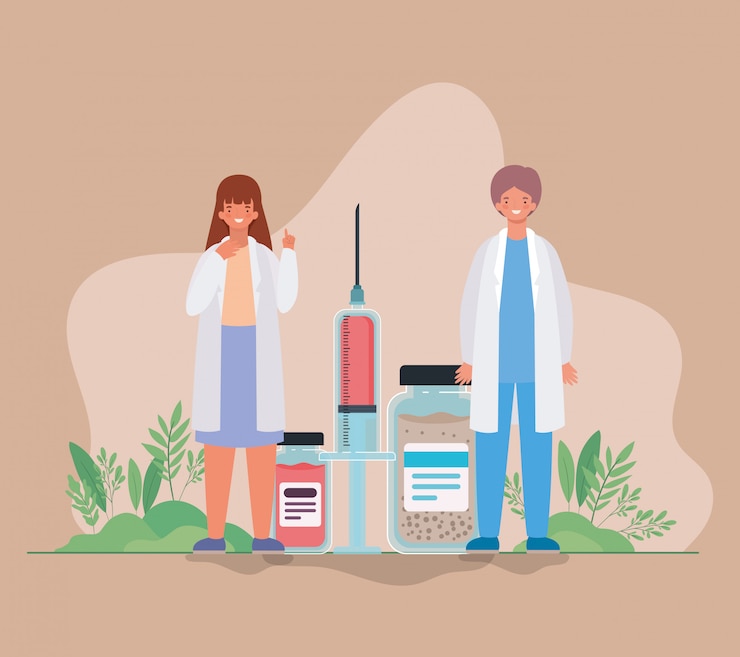 Vector médico de mujer y hombre con frascos de medicina e inyección contra