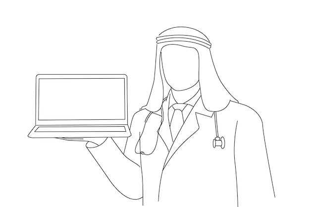 Médico musulmán sosteniendo una computadora portátil con pantalla en blanco Arte de estilo de dibujo de contorno