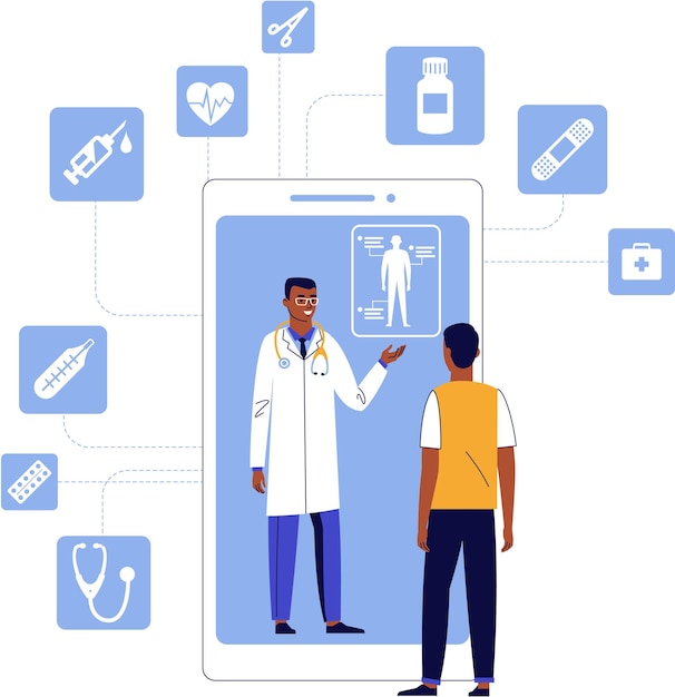 Médico negro y paciente en consulta médica en línea