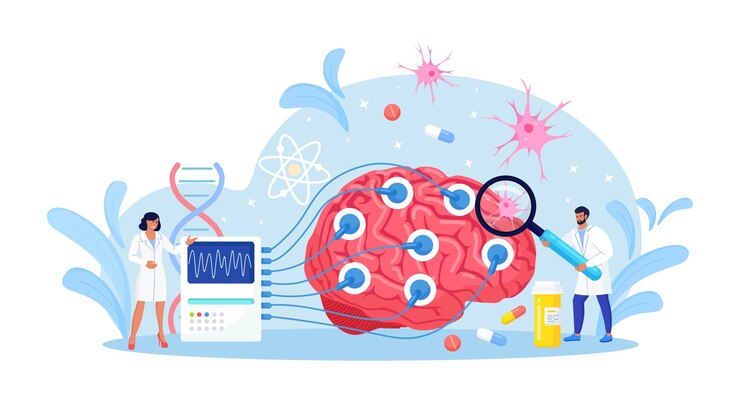 Vector médico neurólogo, neurocientífico, cerebro de estudio médico conectado a la pantalla con indicación de eeg. neurología, neurociencia, concepto de electroencefalografía.