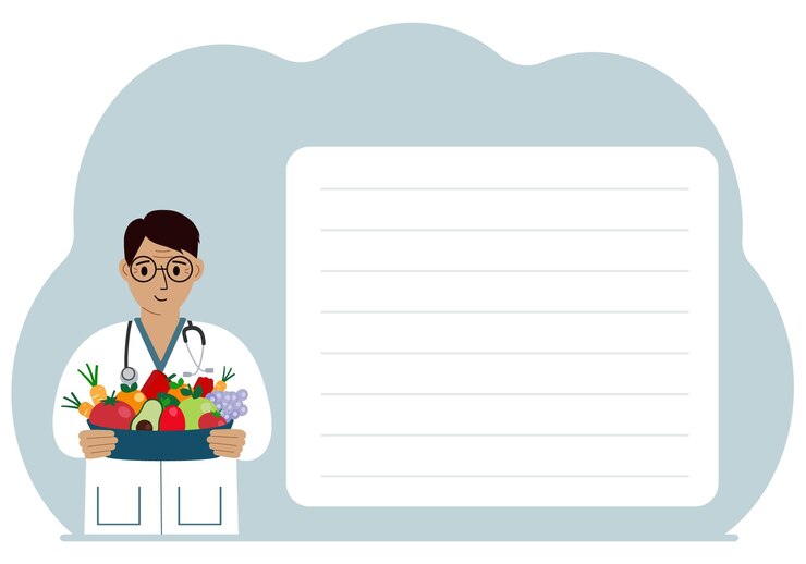 Vector médico nutricionista con un plato de frutas y verduras dietista