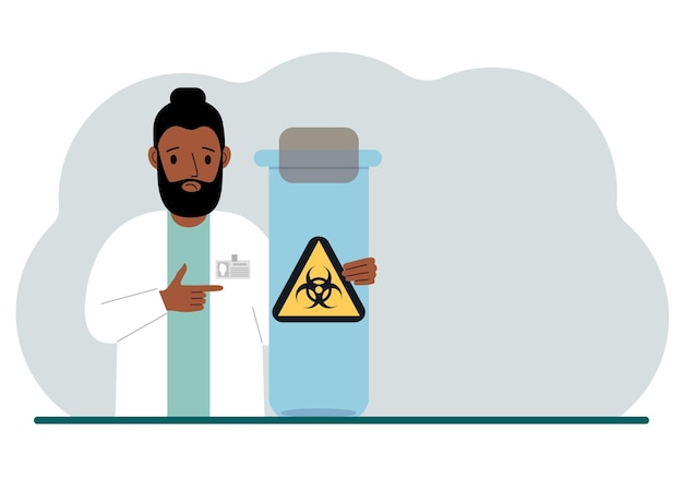 Un médico o científico masculino sostiene un tubo de ensayo con una etiqueta de advertencia de riesgo biológico o virus peligro biológico