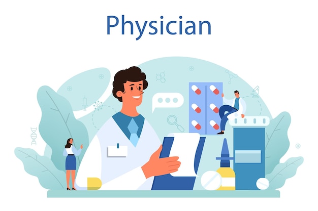 Médico o médico general de atención médica Idea de médico que se preocupa por la salud del paciente Tratamiento y recuperación de la gripe Ilustración vectorial en estilo de dibujos animados