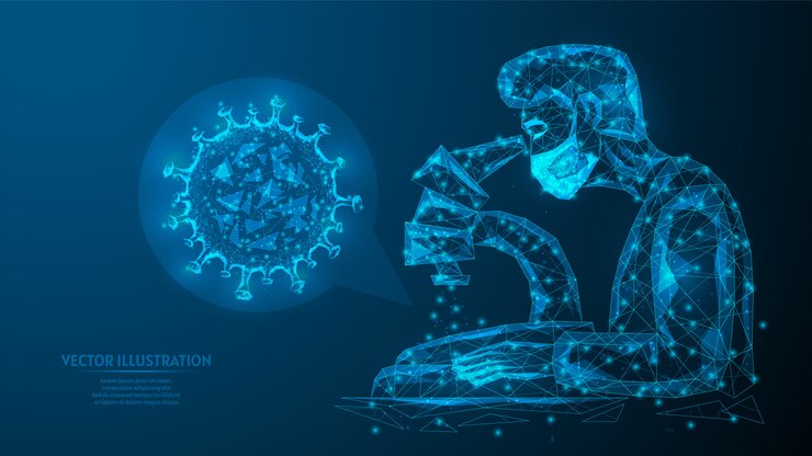 Vector un médico o profesional médico en una máscara médica analiza una prueba de inyección de coronavirus del virus covid-19 bajo un microscopio. estudio de laboratorio, creación de una vacuna o medicamento. medicina innovadora.