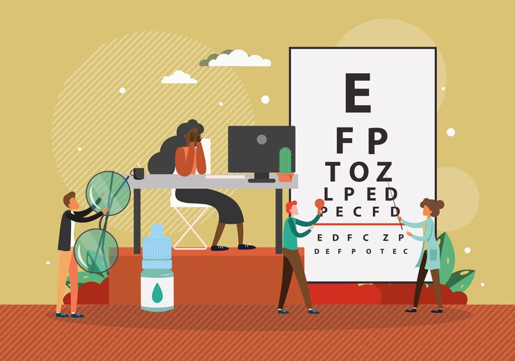 Vector médico oculista, optometrista, oftalmólogo revisando la vista del paciente, ilustración vectorial plana. prueba ocular, corrección de la visión y procedimiento de tratamiento, salud ocular, oftalmología.