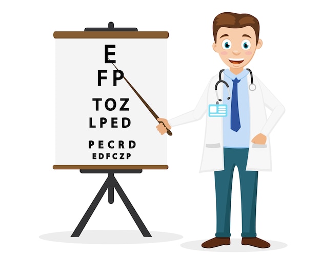 El médico oftalmólogo muestra un puntero al texto sobre un fondo blanco. Examen de la vista.