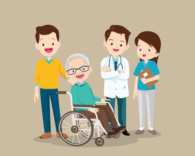 Médico y paciente anciano recuperado de la enfermedad