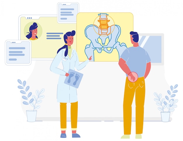 Vector médico y paciente que sufre de dolor lumbar