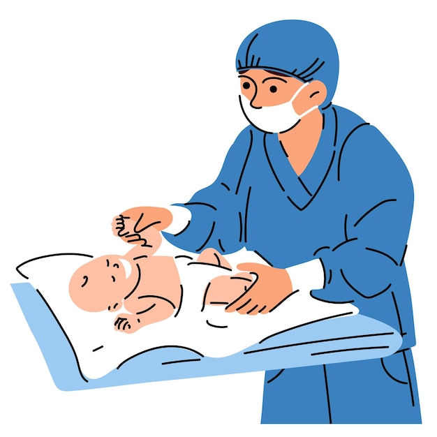 Médico parterre con un recién nacido Médico enfermera o parterre en un uniforme azul con una máscara médica examina a un bebé Bebés recién nacidos en una mesa de cambio en un hospital de maternidad Ilustración vectorial