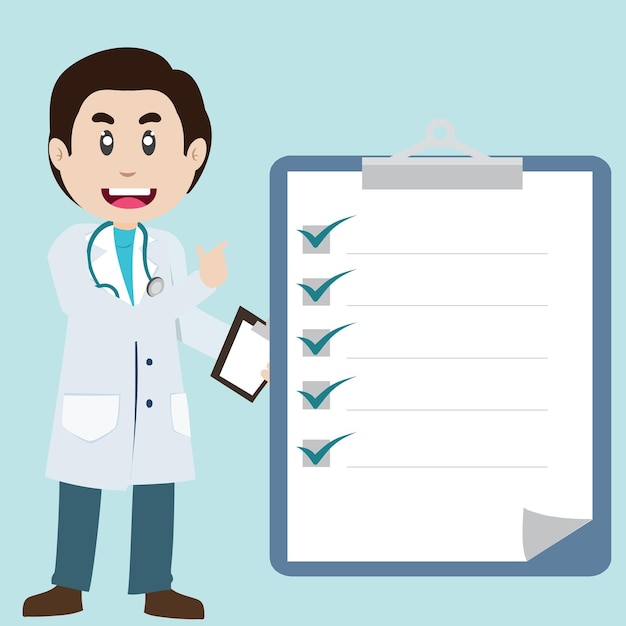 Médico del personal médico del hospital hombre Caricatura que proporciona servicio de atención médica lista de comprobación en blanco en la nota
