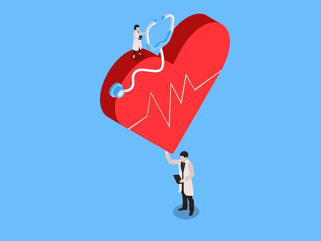 Médico de pie con el corazón con con ondas de ECG Médico con ritmo cardíaco 3d ilustración vectorial isométrica