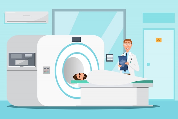 Médico de pie y hombre acostado para rayos X con máquina de escáner de resonancia magnética