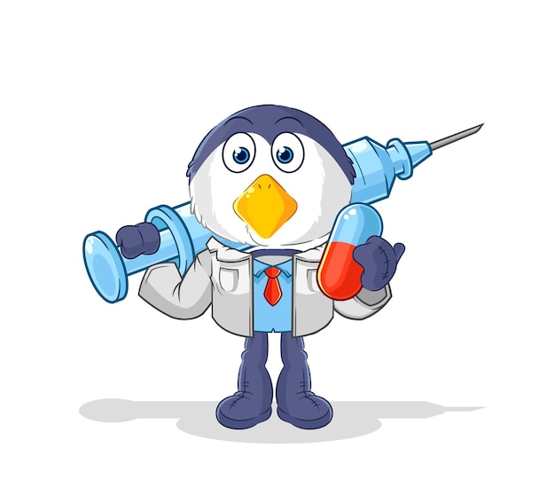 Médico pingüino sosteniendo medicina e inyección