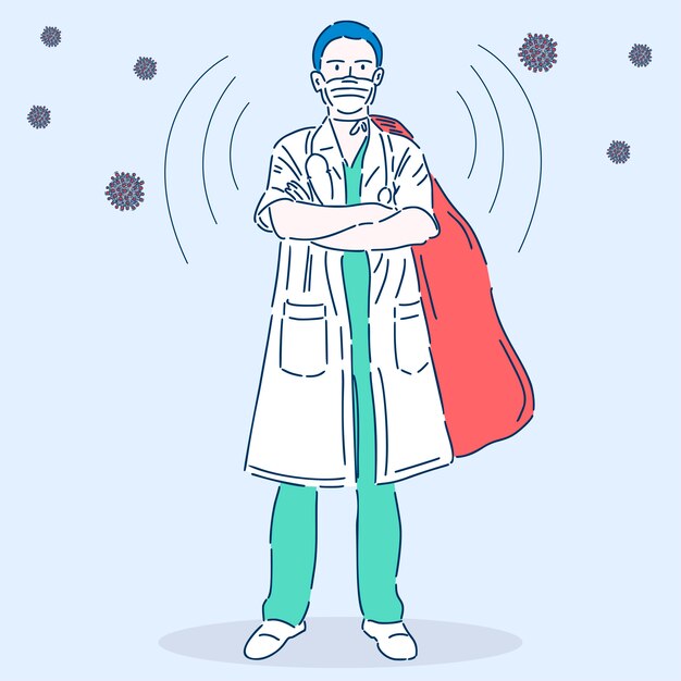 Médico profesional en una máscara médica. superhéroe. trabajador médico. ilustración de vector de estilo lineal moderno.