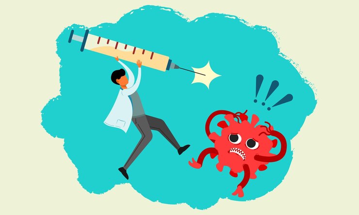 Vector médico que lucha contra un virus usando una ilustración vectorial plana de jeringa para un afiche o pancarta con temas de salud.
