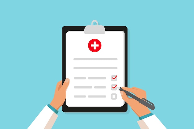 Médico que sostiene el portapapeles médico y toma notas Informe médico Lista de formularios médicos con datos de resultados y marca de verificación aprobada Ilustración vectorial