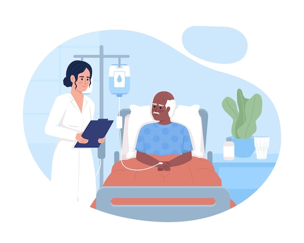 Médico que visita al paciente mayor en la ilustración aislada del vector 2D de la sala