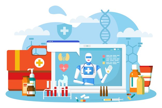 Médico robot en línea, ilustración vectorial. Atención médica por servicio hospitalario, tecnología de mente artificial ayuda al paciente en Internet. Receta de medicina plana desde teléfono inteligente, pantalla de computadora.