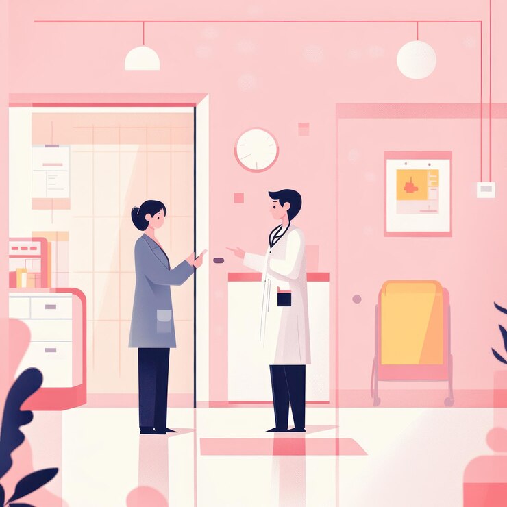 El médico saluda al paciente en la sala de espera del hospital