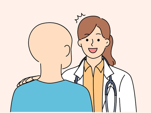 Médico sonriente ayuda a hablar con un paciente con cáncer