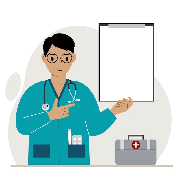 Médico sonriente sosteniendo un archivo con papel en blanco para texto. Ilustración plana vectorial