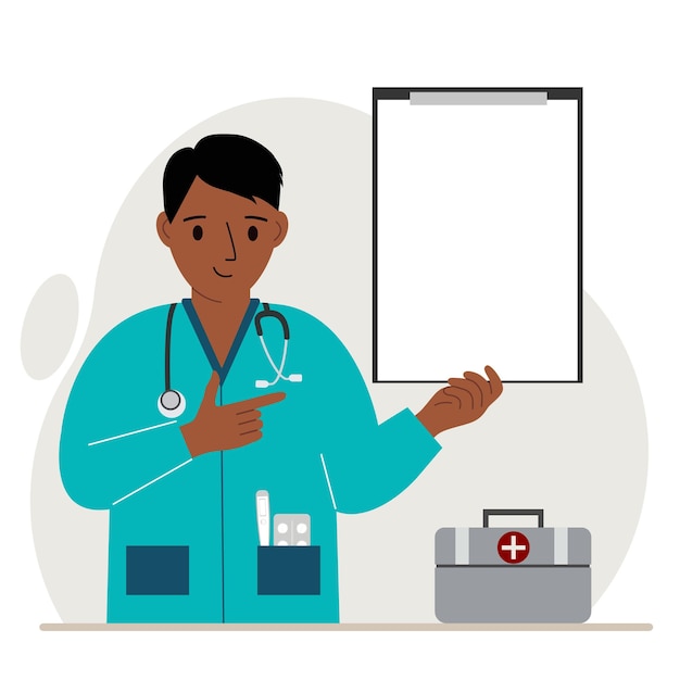 Médico sonriente sosteniendo un archivo con papel en blanco para texto. Ilustración plana vectorial