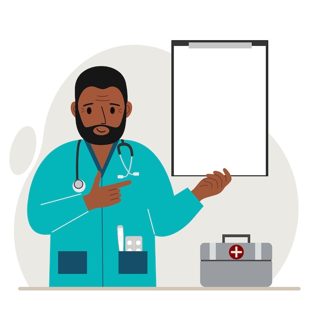 Médico sonriente sosteniendo un archivo con papel en blanco para texto. Vector