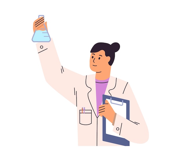 Médico sosteniendo un frasco de vidrio para investigación de laboratorio Científica mujer estudiando química Descubrimientos de la ciencia médica concepto Trabajo químico en el laboratorio Ilustración vectorial plana aislada sobre fondo blanco