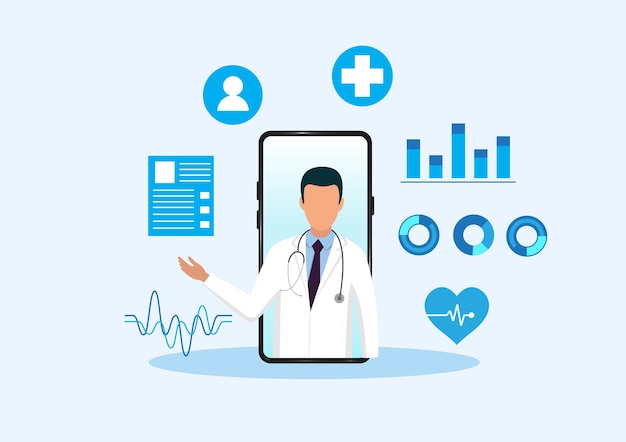 El médico de tecnología sanitaria habla en la pantalla del móvil junto con elementos interesantes que comunica