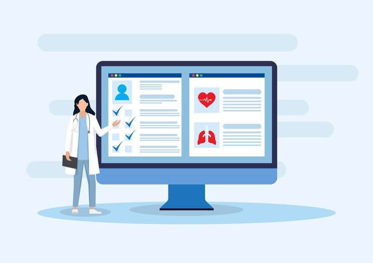 Vector médico de tecnología sanitaria de pie explicando la información del tratamiento utilizando la computadora