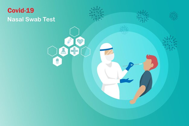 Médico con traje de PE que usa hisopo nasal en la prueba de la nariz del paciente para el coronavirus Covid19
