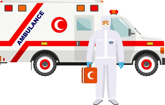 Médico con traje de protección y mascarilla de gas Respirador sostiene el botiquín de primeros auxilios con el coche médico de ambulancia