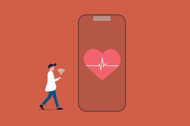 Médico en uniforme médico usando el teléfono para la aplicación de ritmo cardíaco