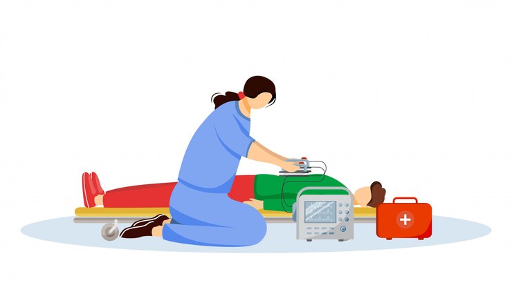 Médico de urgencias dando primeros auxilios con desfibrilador ilustración plana. Personajes de dibujos animados de paramédicos, médicos y pacientes lesionados