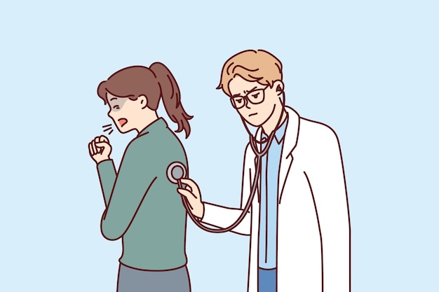 El médico utiliza el estetoscopio para examinar a un paciente que tose y para auscultar a una mujer que sufre de gripe