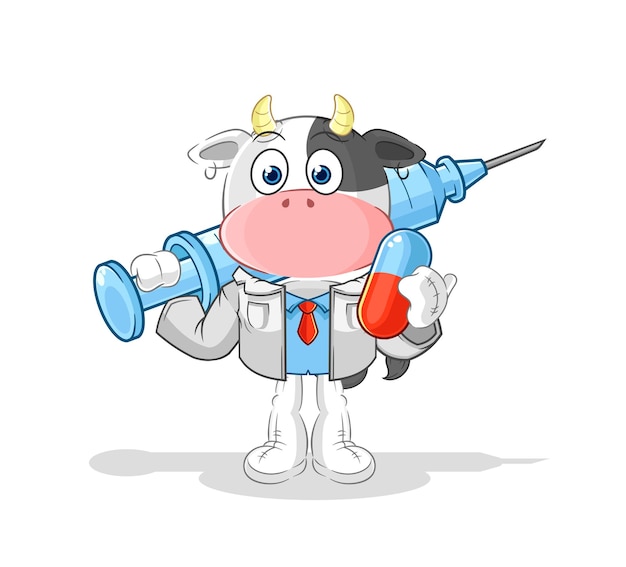 Médico de vaca sosteniendo medicina e inyección