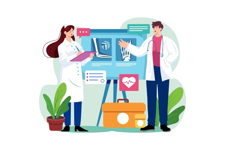 Vector médico varón discutiendo con una pasante