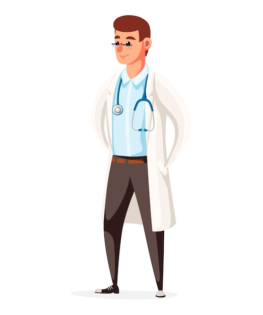 Médico varón con estetoscopio. personaje . ilustración en la página del sitio web de fondo blanco y la aplicación móvil.