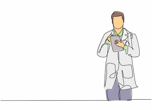 Un médico varón que dibuja una sola línea continua pensando en el medicamento adecuado para el paciente mientras sostiene la tableta