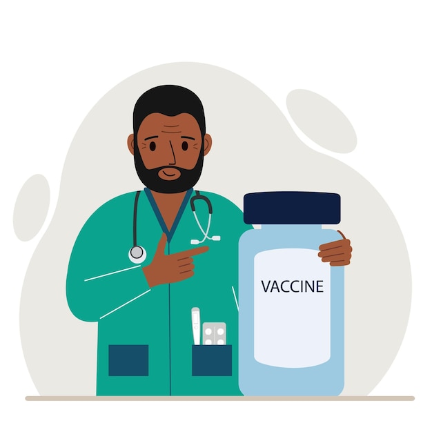 Médico varón sonriente junto a un frasco de vacuna. Pandemia. Ilustración plana vectorial