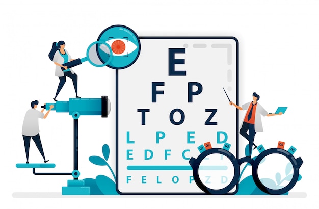El médico verifica la salud de los ojos del paciente con una tabla de Snellen, anteojos para detectar enfermedades oculares clínica oftalmológica o tienda de anteojos ópticos. ilustración vectorial, diseño gráfico