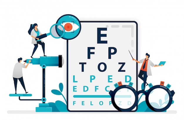 Vector el médico verifica la salud de los ojos del paciente con una tabla de snellen, anteojos para detectar enfermedades oculares clínica oftalmológica o tienda de anteojos ópticos. ilustración vectorial, diseño gráfico