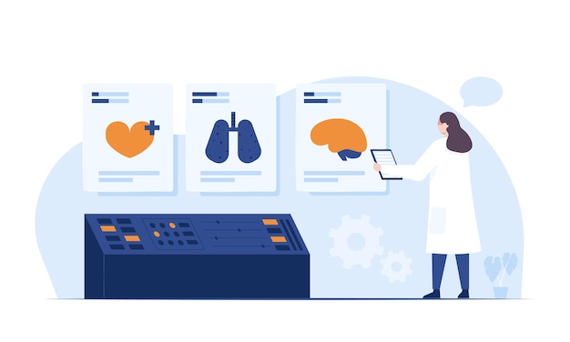 Los médicos analizan los pulmones del corazón y el cerebro del paciente para el tratamiento en la interfaz virtual en la tecnología innovadora de laboratorio en el concepto de ciencia y medicina diseño plano de carácter de ilustración vectorial